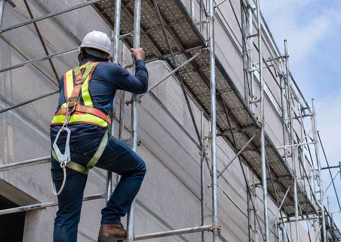 Pekerja menggunakan scaffolding di proyek